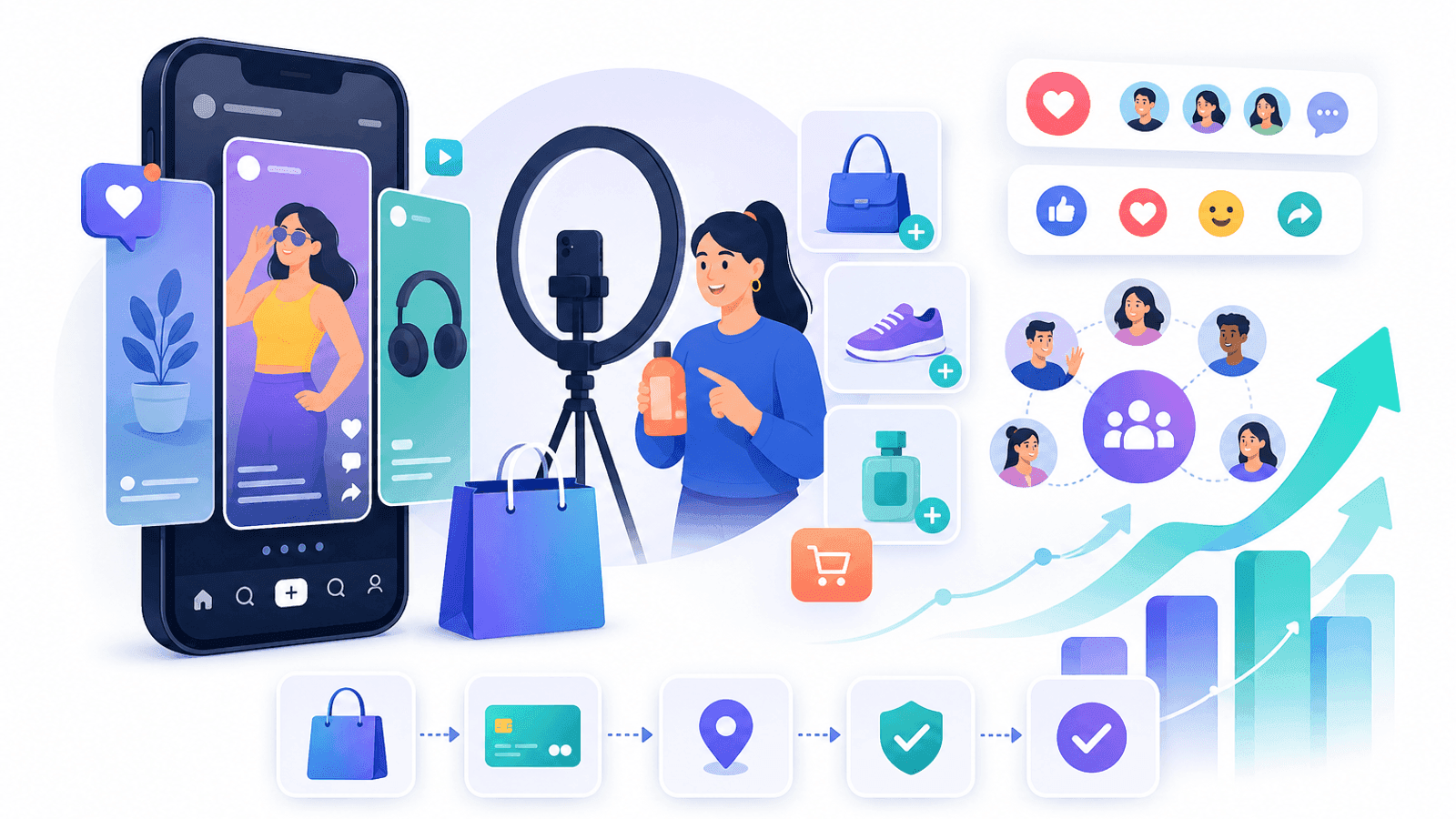 Illustration showing short-form video marketing combined with social commerce, creator content, product discovery, mobile shopping and customer engagement.