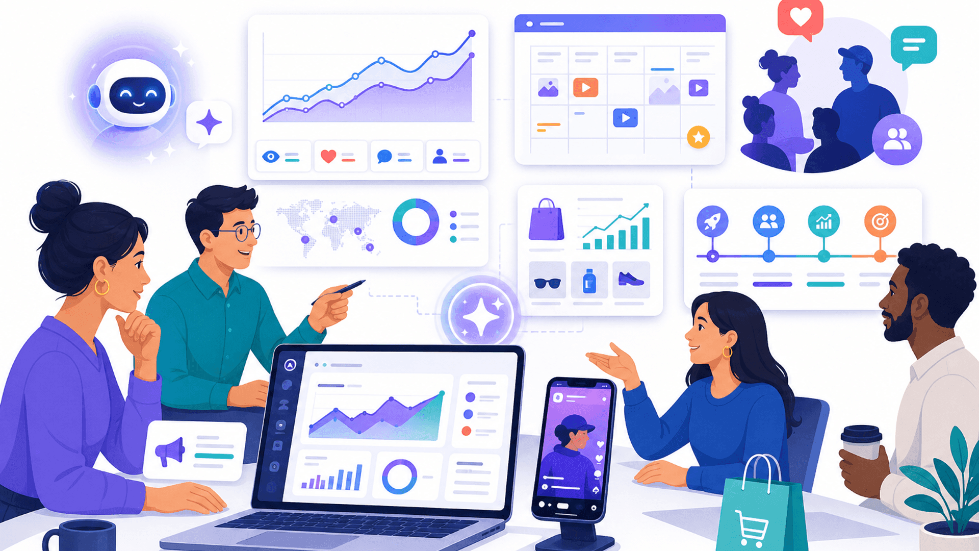 Illustration showing the biggest social media marketing trends of 2026, including AI-assisted content creation, short-form video, creator partnerships, analytics, social commerce and community-first marketing.