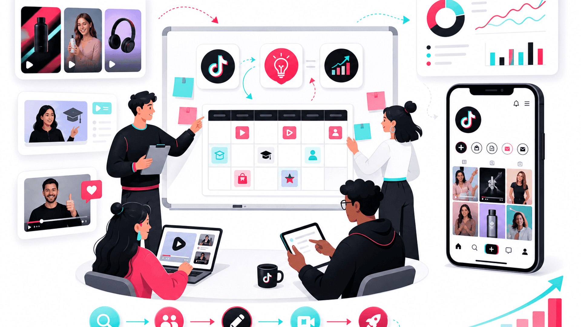 Illustration showing a business brainstorming TikTok content ideas using content pillars, marketing planning, video production and audience engagement.