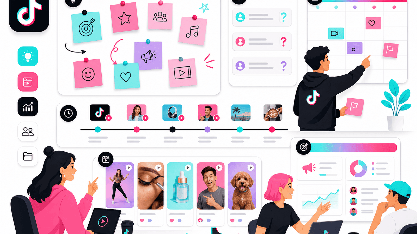 Illustration showing a TikTok content idea bank with customer questions, video concepts, publishing schedule and content planning workflow.