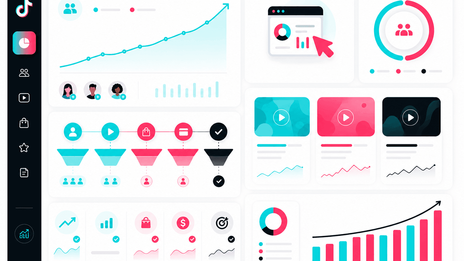 TikTok business analytics dashboard displaying audience growth, engagement, website clicks, conversions and content performance.