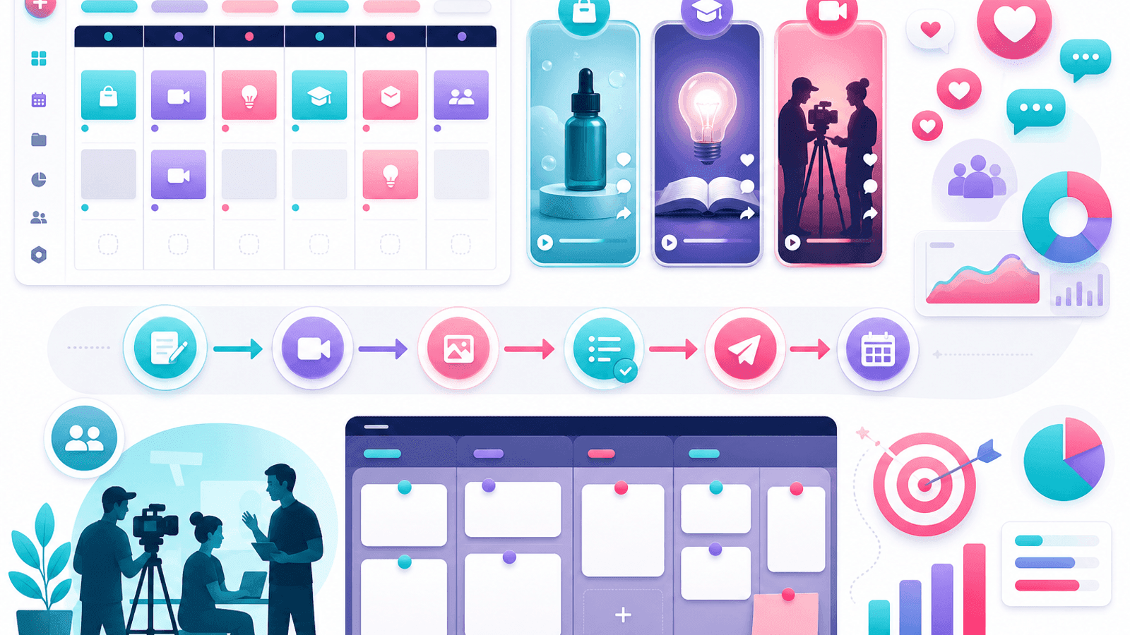 Illustration showing a TikTok business content strategy with educational videos, product demonstrations, publishing calendar and customer engagement.