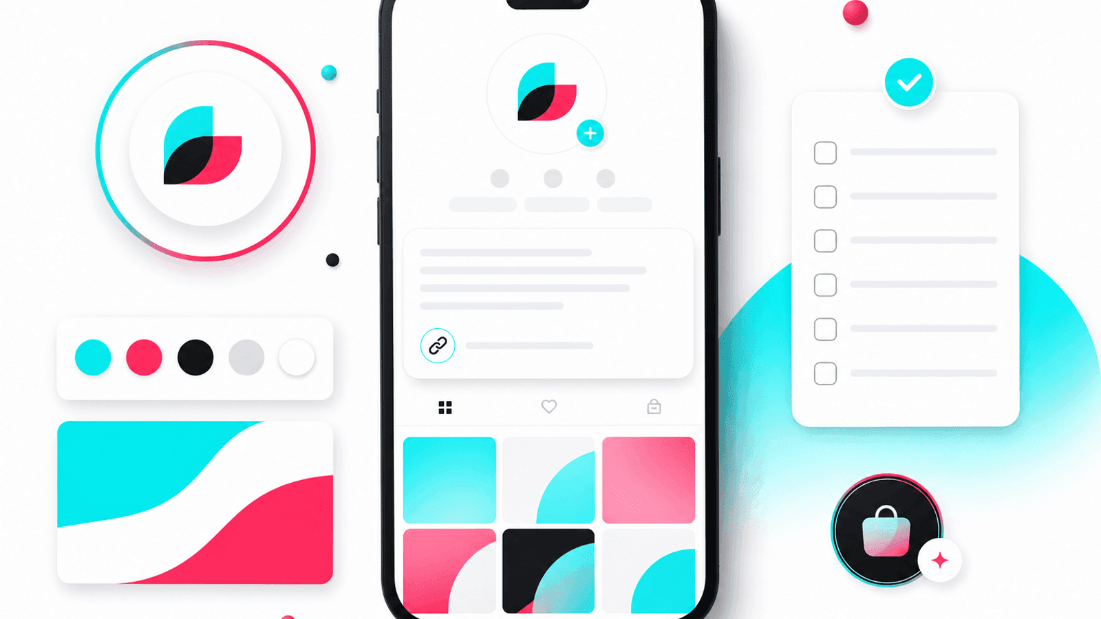 TikTok business profile optimization illustration showing professional branding, profile setup, bio optimization and website integration.