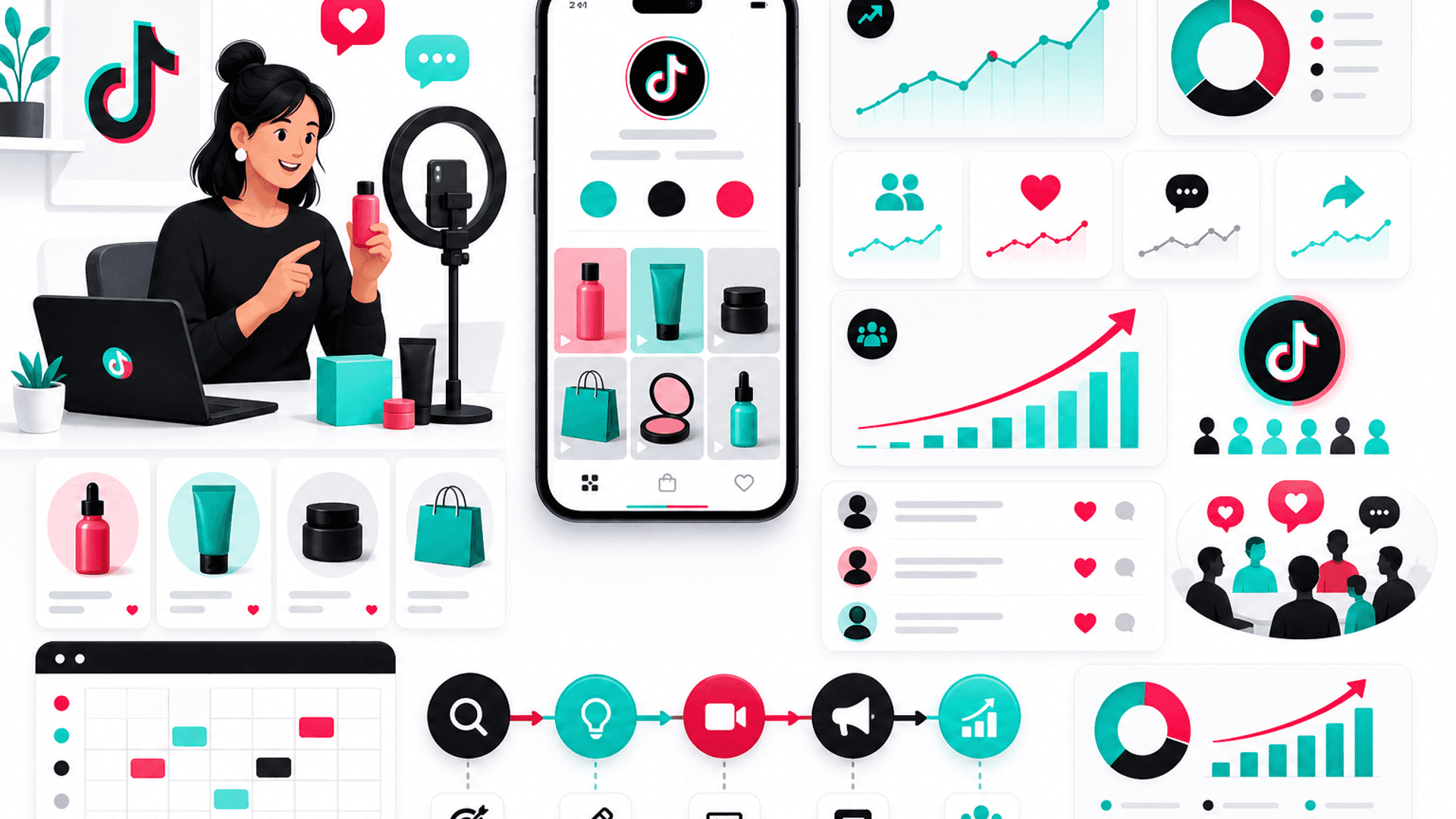 Illustration showing a business using TikTok for marketing with content planning, audience engagement, analytics, brand awareness and business growth.