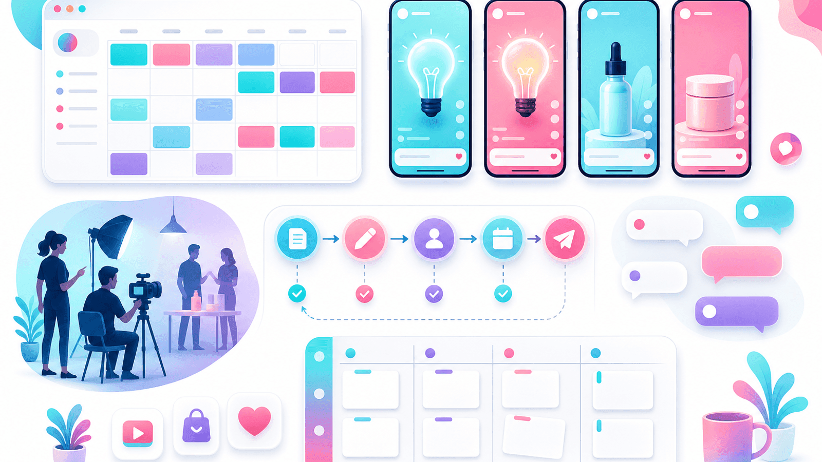 Illustration showing a TikTok content planning workflow for small businesses including educational videos, publishing schedule and audience engagement.