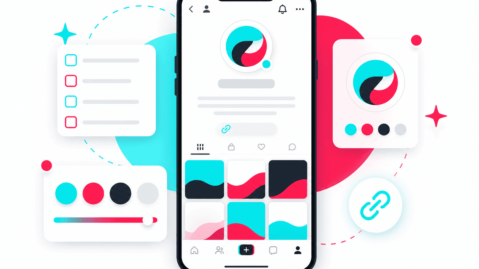 Illustration showing an optimized TikTok profile for a small business with branding, bio, website link and professional business identity.