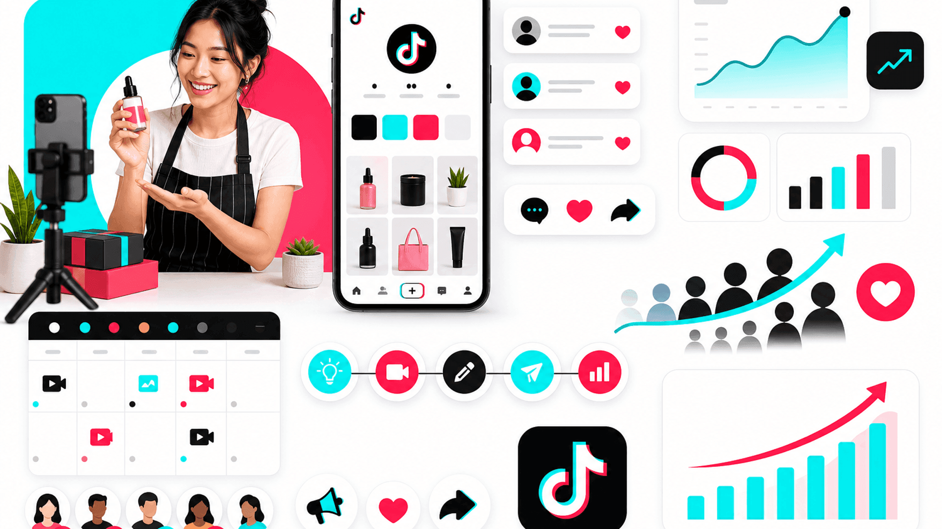 Illustration showing a small business using TikTok marketing through educational content, customer engagement, analytics, content planning and brand growth.