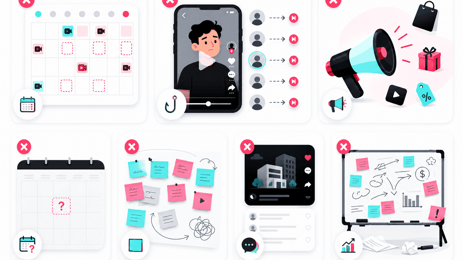 Illustration showing common business content mistakes on TikTok including inconsistent posting, promotional-only videos, weak hooks and poor content planning.