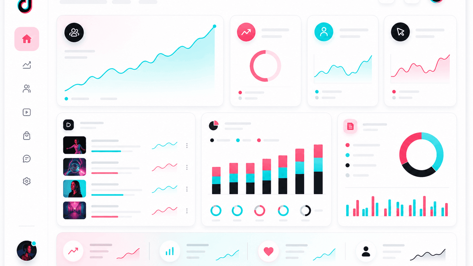 Business analytics dashboard displaying TikTok marketing performance, audience growth, engagement rate, profile visits, website clicks and monthly business insights.