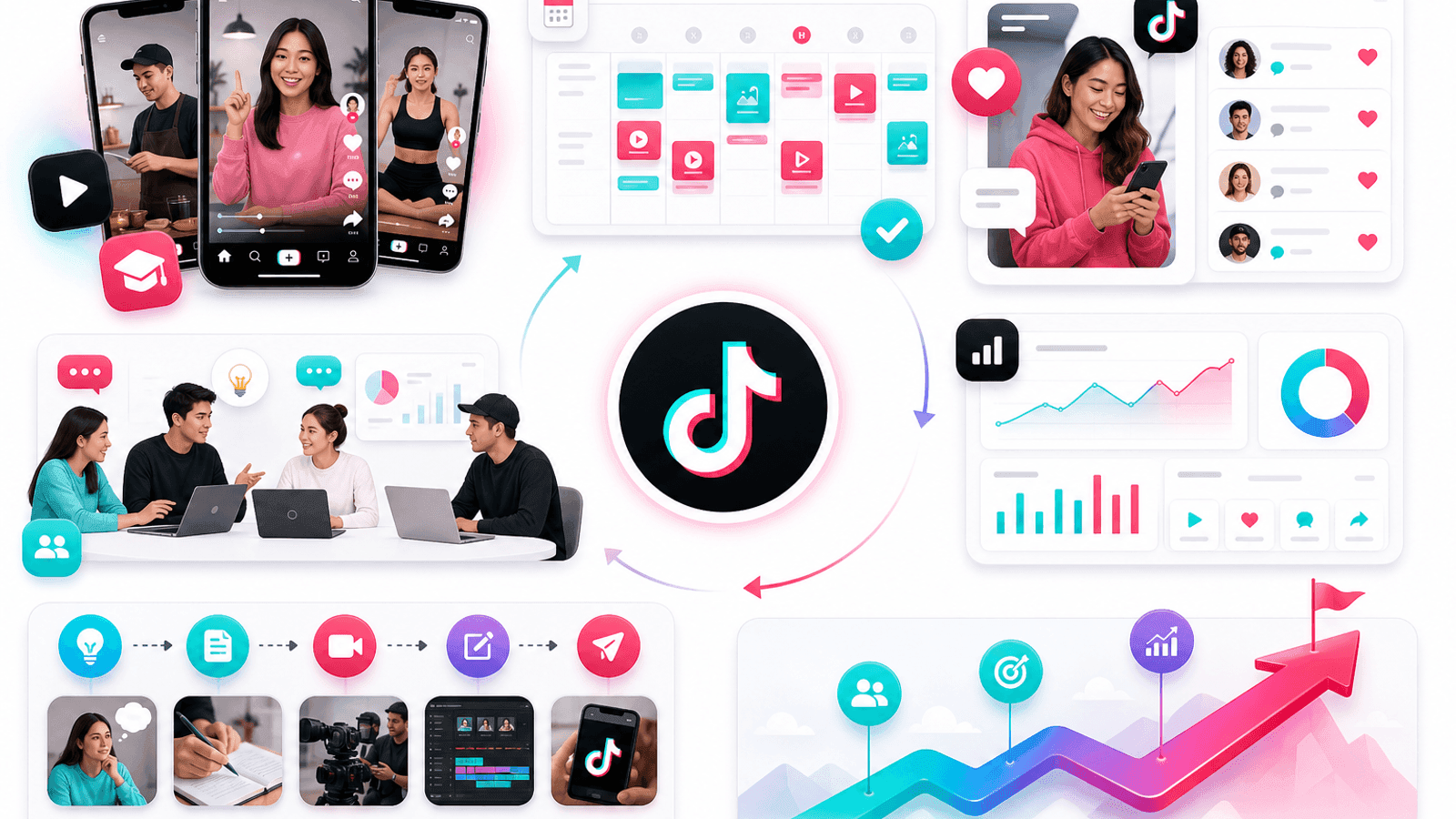 Illustration showing an improved TikTok business strategy with educational content, customer engagement, analytics review and consistent publishing.