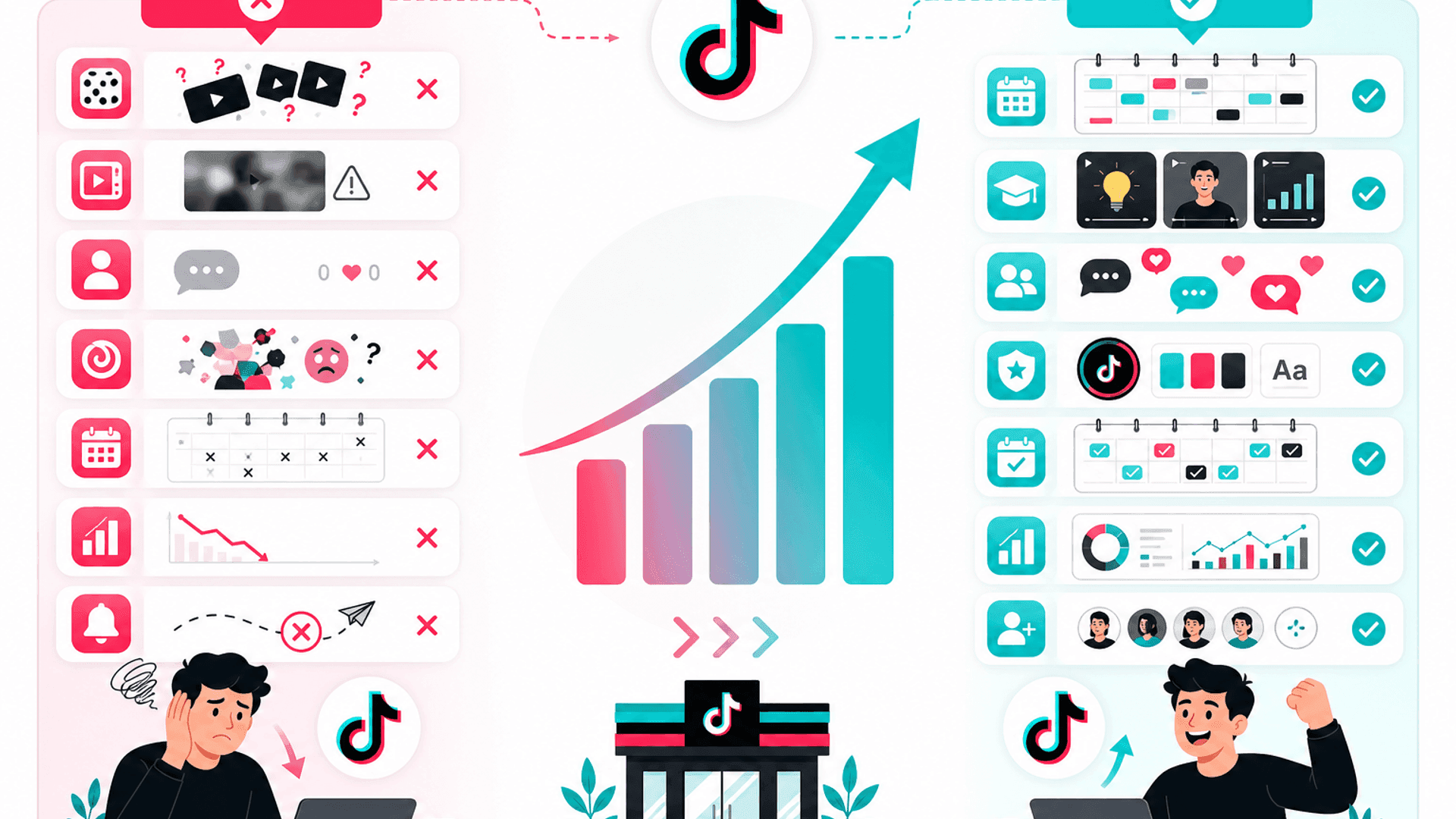 Illustration comparing common TikTok marketing mistakes with best practices for businesses, highlighting content strategy, audience engagement, branding, analytics and sustainable business growth.