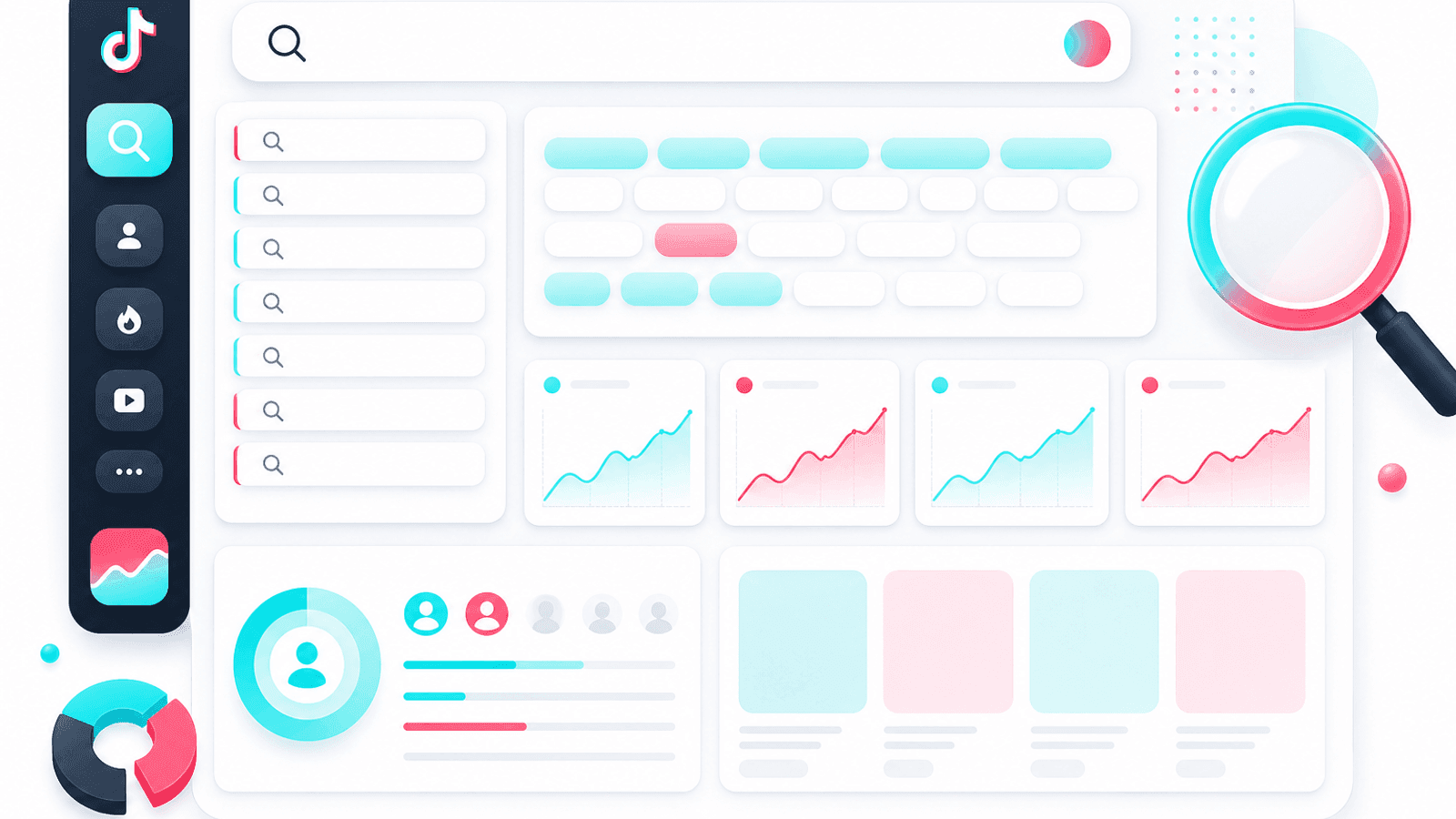 TikTok keyword research illustration showing search suggestions, keyword planning, audience intent and content topic discovery.