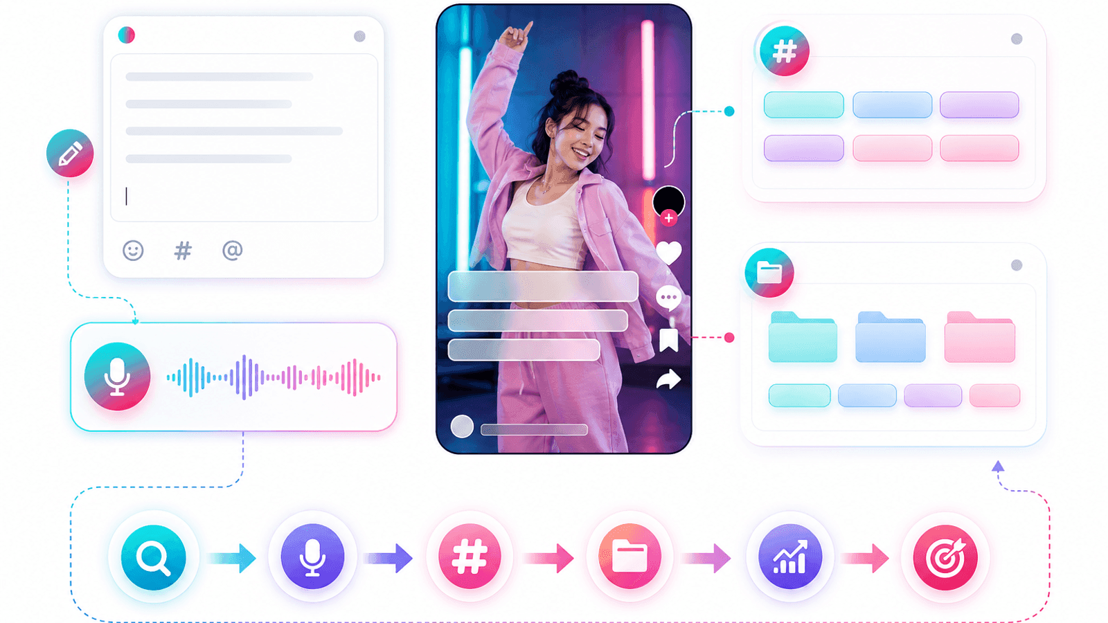 Illustration showing TikTok search optimization with captions, spoken keywords, hashtags, on-screen text and video categorization.