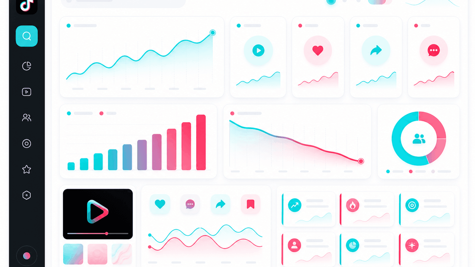 TikTok search performance dashboard displaying search traffic, keyword rankings, audience retention, video views and engagement metrics.