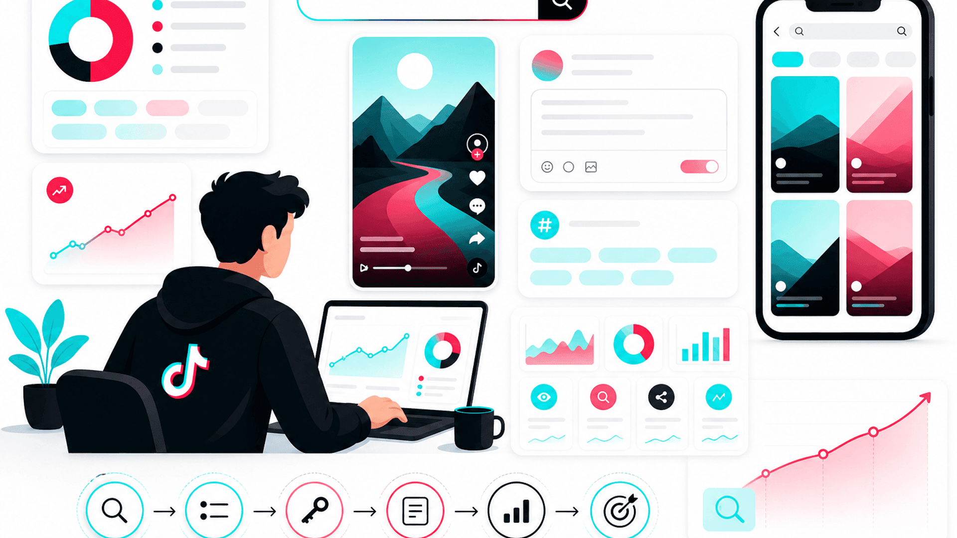 Illustration showing TikTok SEO optimization with keyword research, search rankings, video optimization, captions and analytics dashboard.