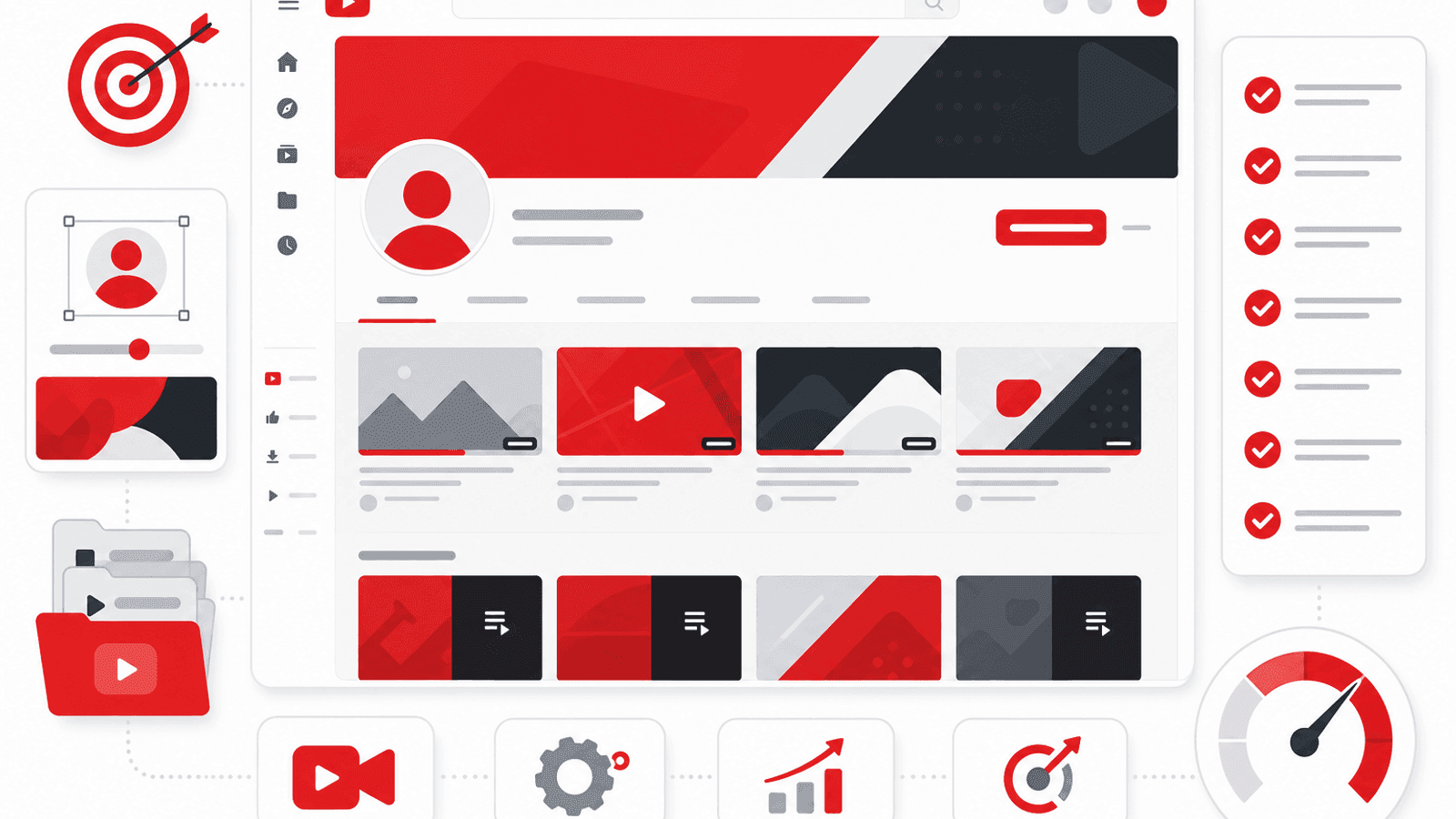 Illustration showing YouTube channel optimization with professional branding, channel layout, playlists, profile image and content organization.