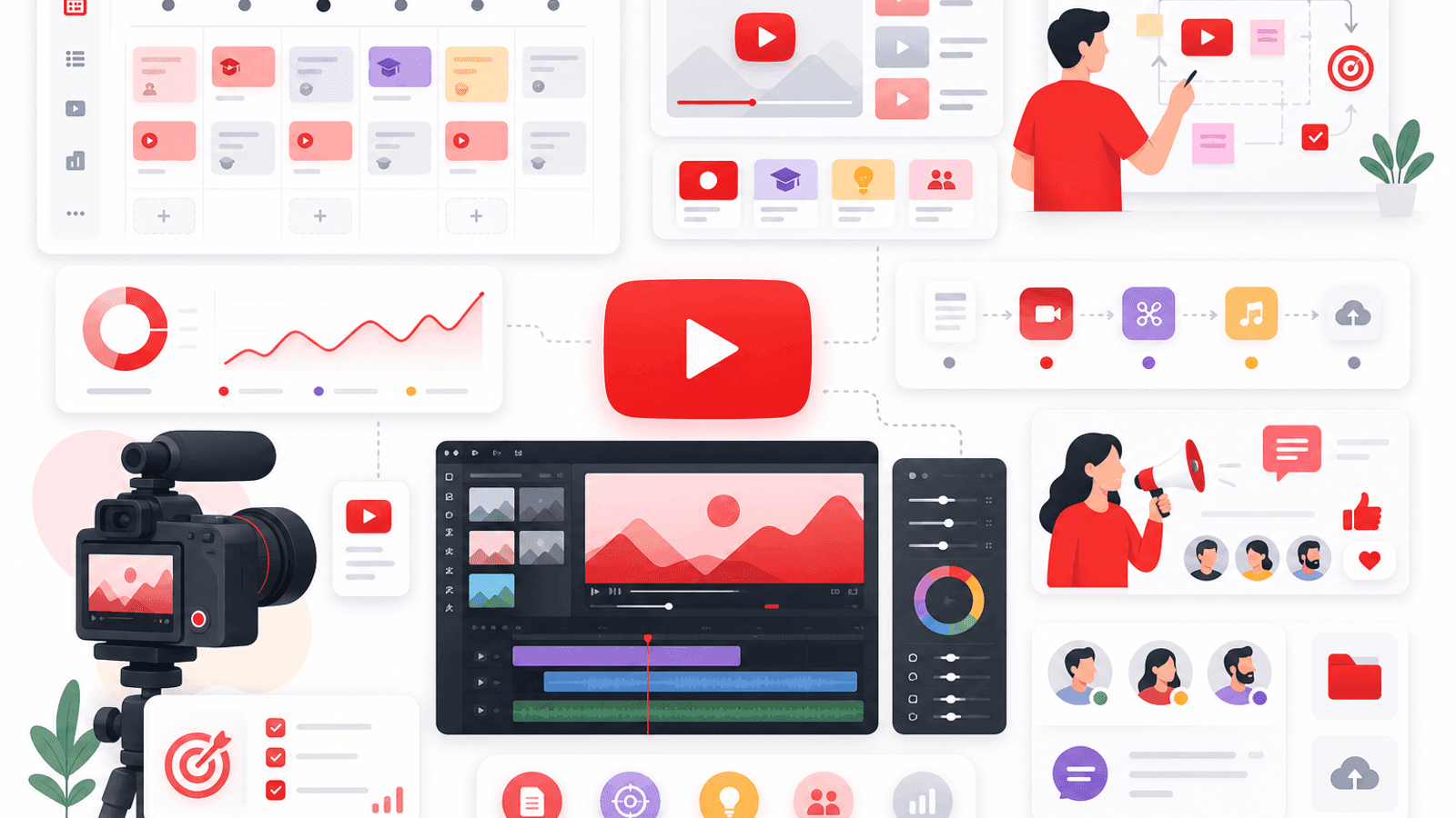 Illustration showing a YouTube content strategy with educational videos, publishing calendar, audience engagement, video production workflow and content planning.