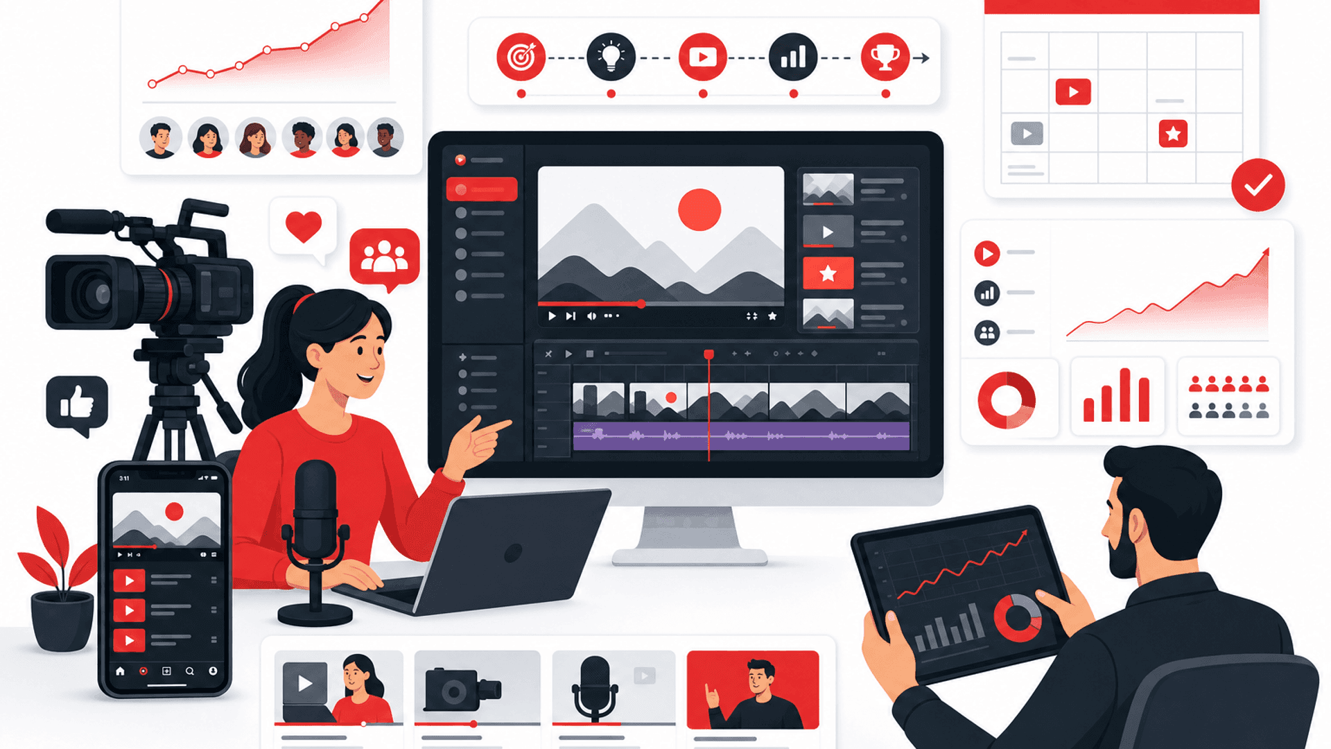 Illustration showing a complete YouTube growth strategy with channel optimization, video publishing, audience engagement, subscriber growth, analytics and long-term success.