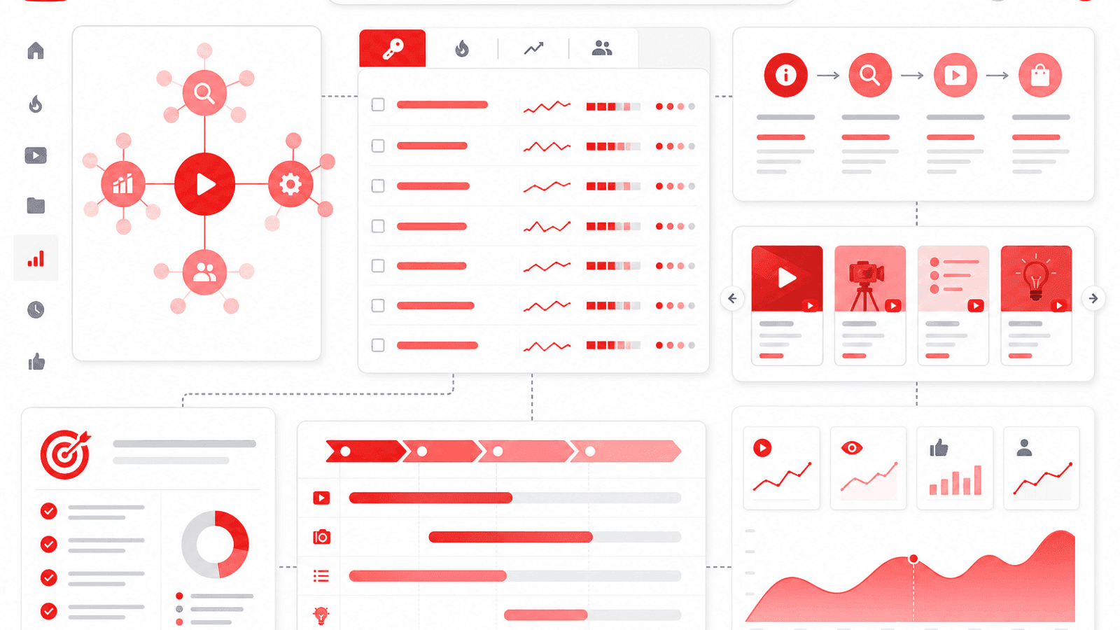 Illustration showing YouTube keyword research with search intent analysis, content planning, topic clusters and video optimization.
