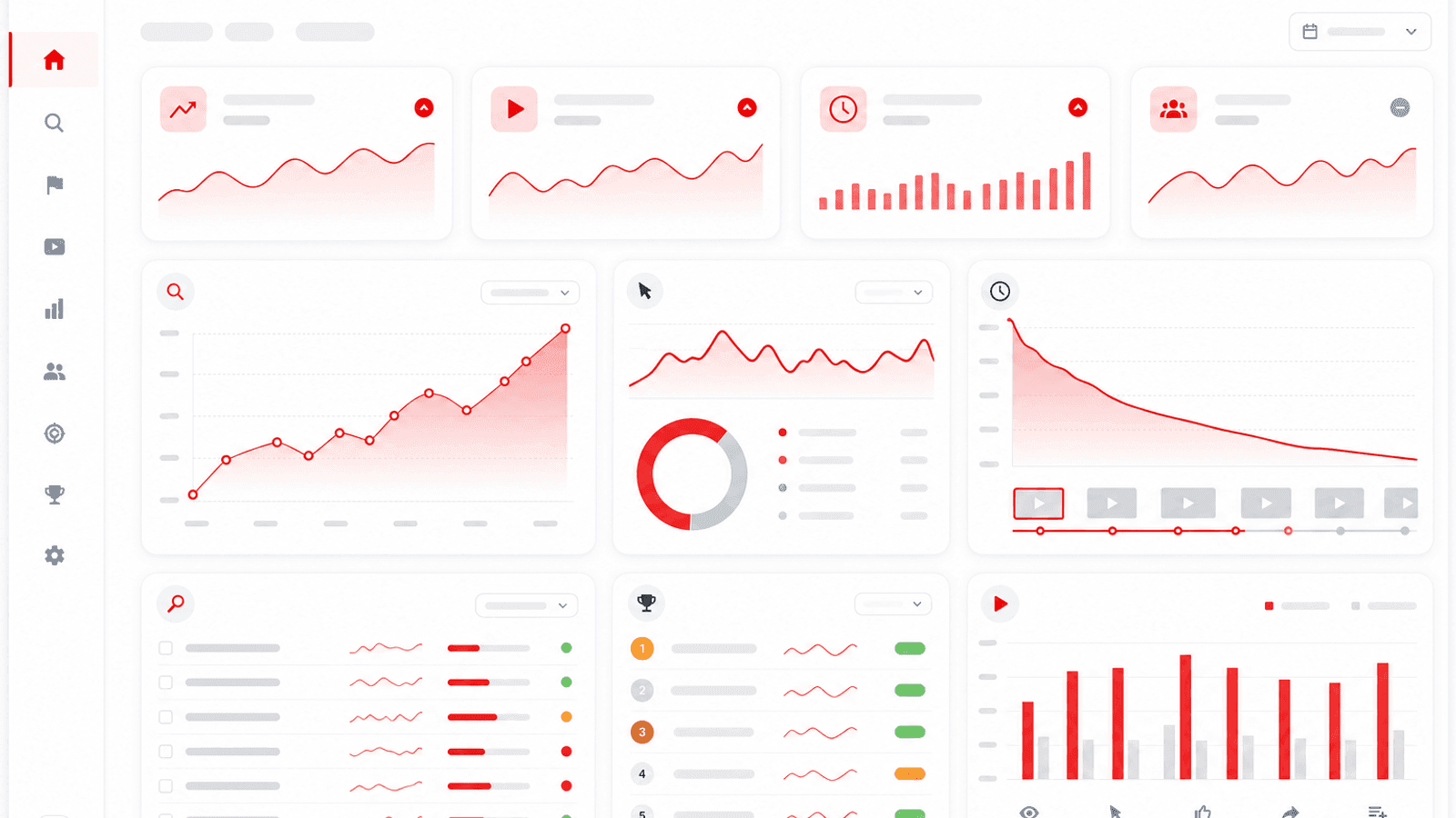 Business analytics dashboard displaying YouTube search traffic, organic views, click-through rate, watch time, audience retention and keyword performance.