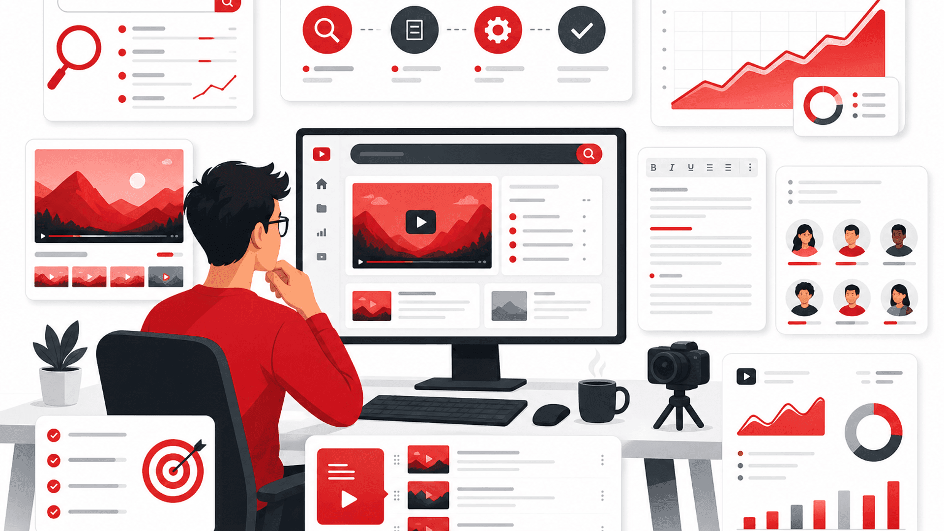 Illustration showing YouTube SEO optimization with video metadata, keyword research, channel optimization, search visibility and long-term organic growth.