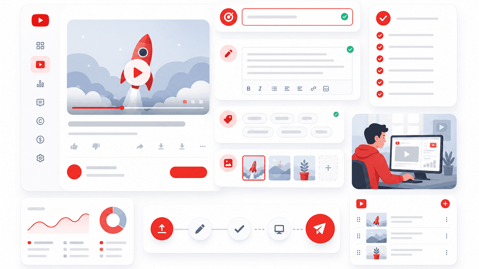Illustration showing YouTube video optimization including title creation, thumbnail design, video description, playlists and publishing workflow.